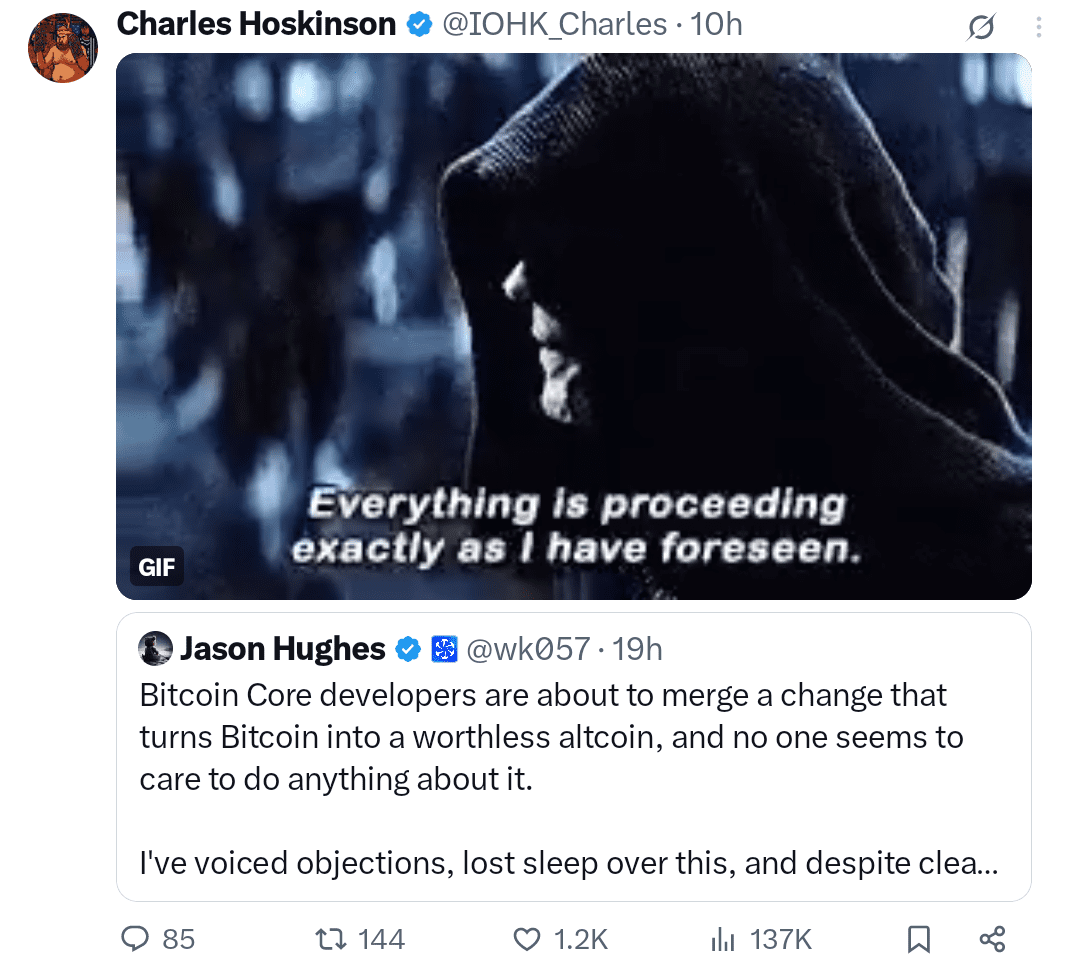 Cardano founder posts sarcastic GIF as Bitcoin developers warn of network risks