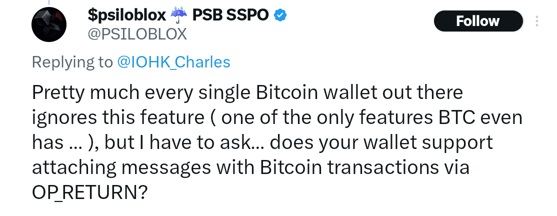 Cardano DRep Psiloblox criticized the lack of OP_RETURN functionality in Bitcoin wallet