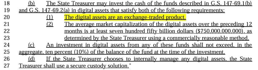 North Carolina Crypto Investment Requirements. Source: House Bill 92