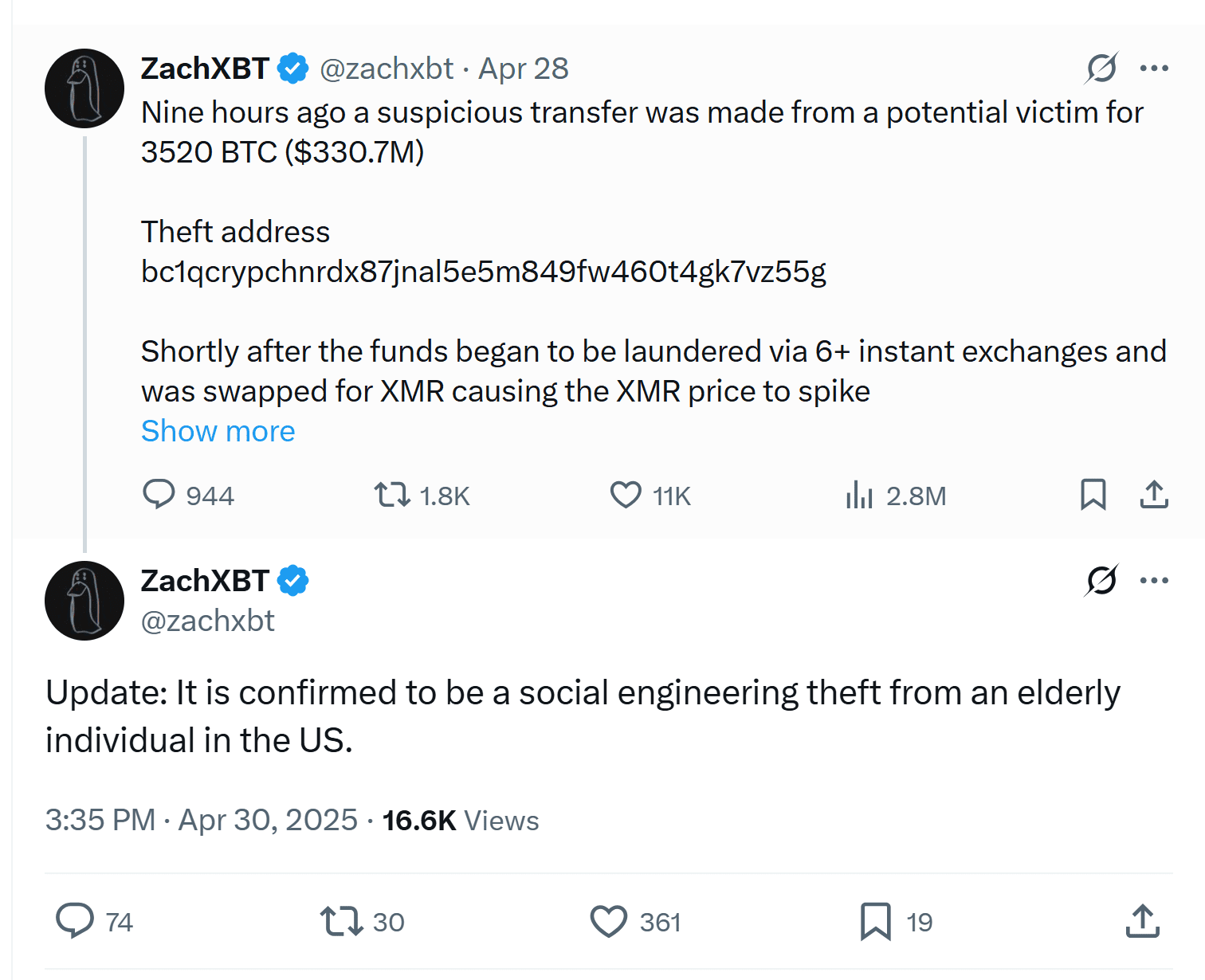 $330M Bitcoin Theft via Social Engineering. Source: ZachXBT on X