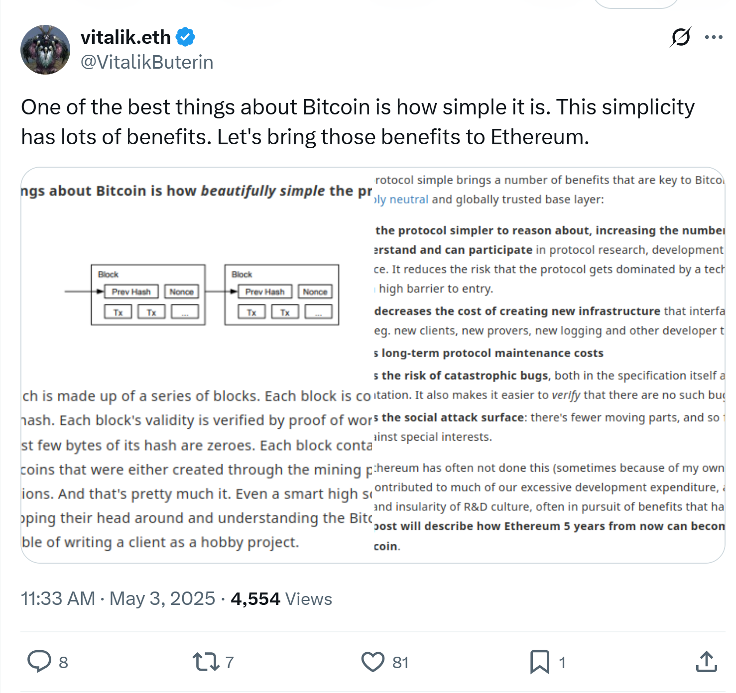 Vitalik Buterin Cites Bitcoin's Simplicity to Guide Ethereum Upgrade. Source: @VitalikButerin on X