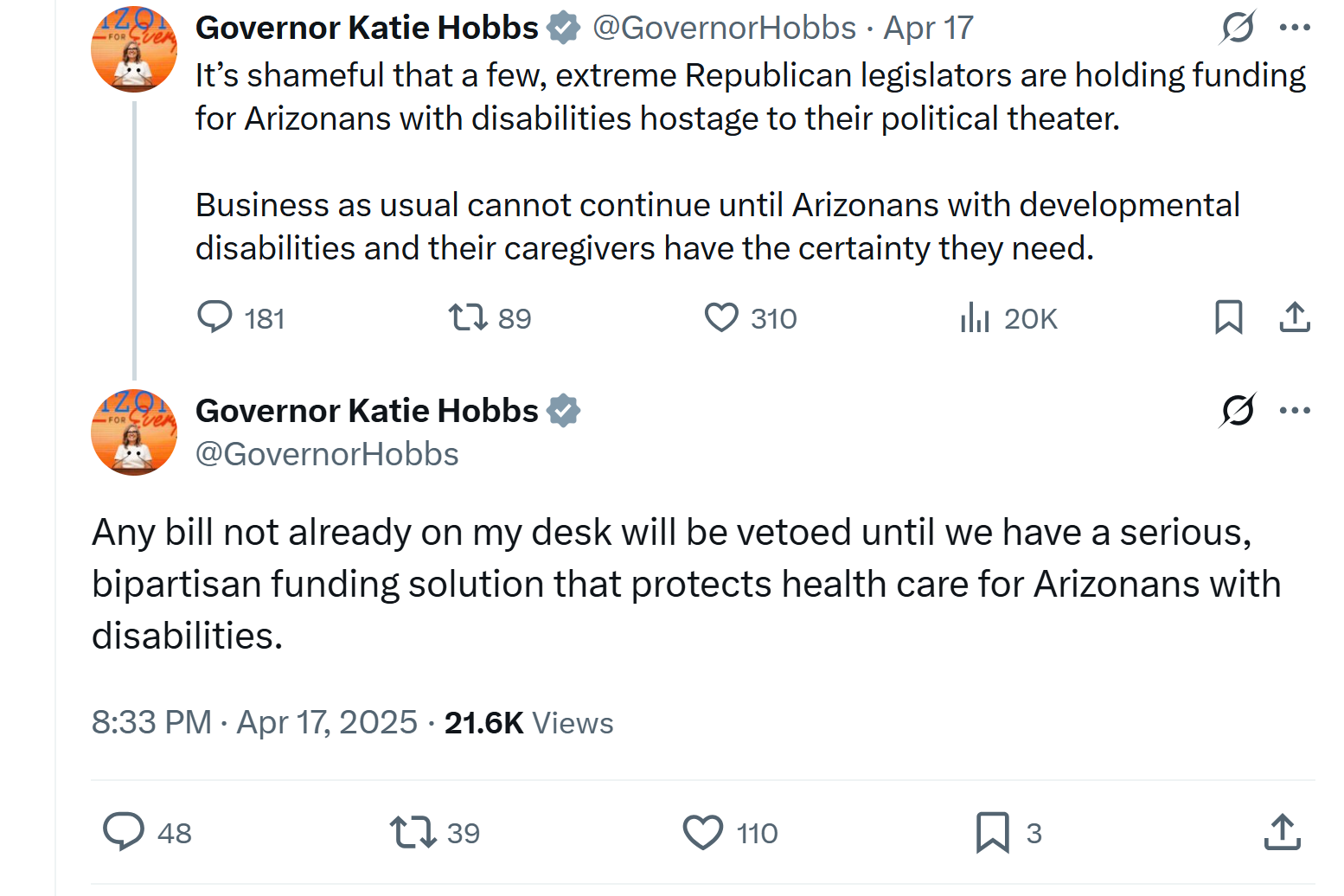 Katie Hobbs Vows Veto Without Disability Funding Deal. Source: @GovernorHobbs on X