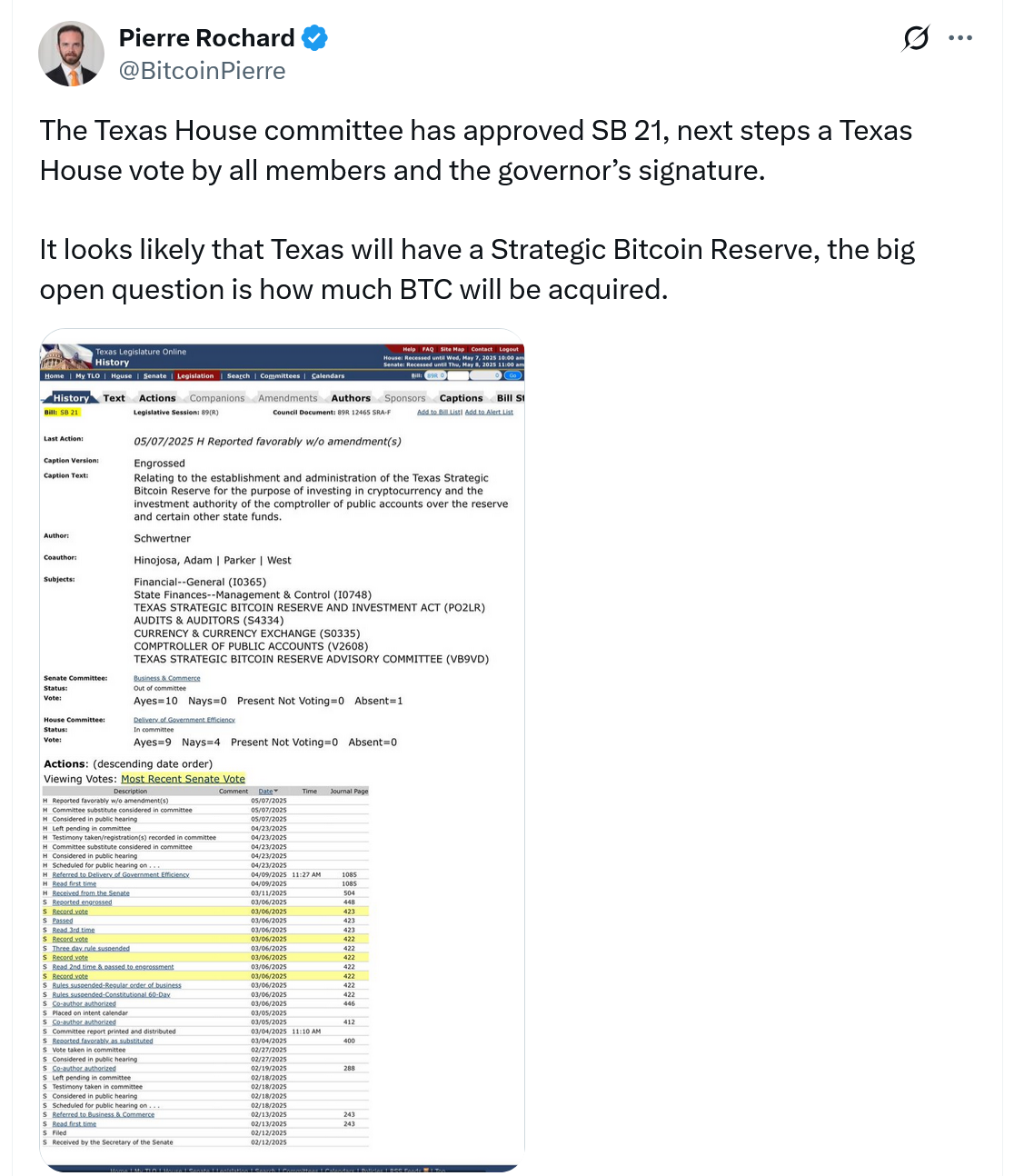 Texas SB 21 Bitcoin Reserve Bill Progress. Source: Pierre Rochard