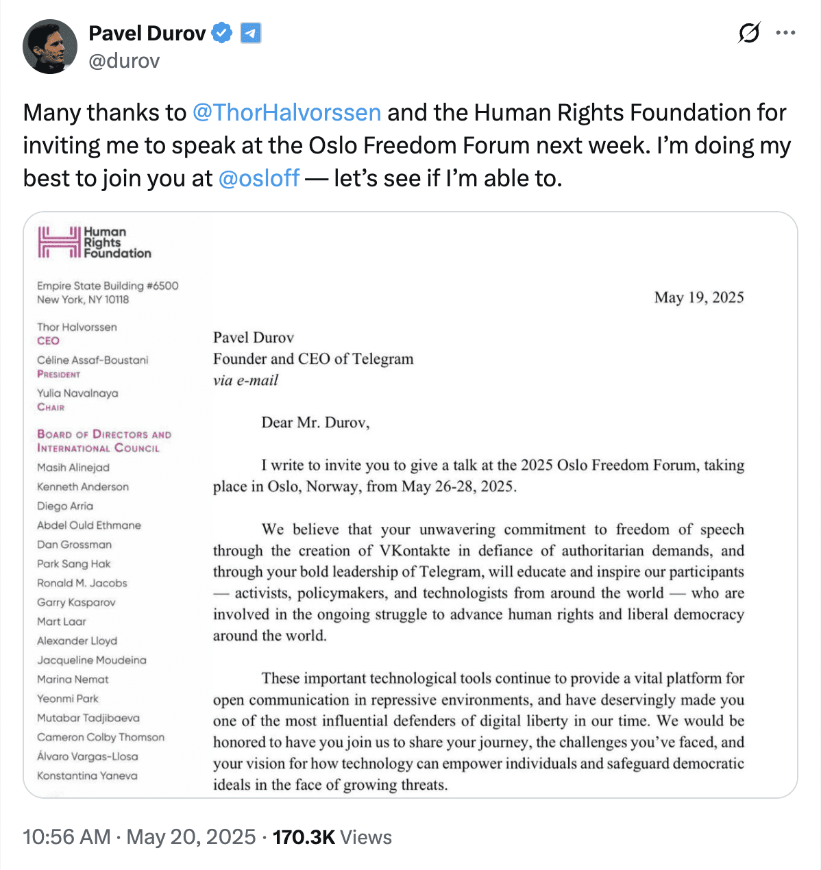 Pavel Durov Invited to Oslo Freedom Forum. Source: X/@durov