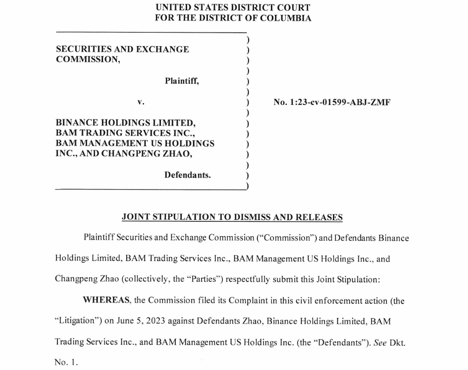 SEC v. Binance Joint Stipulation to Dismiss and ReleasesSource: United States District Court for the District of Columbia