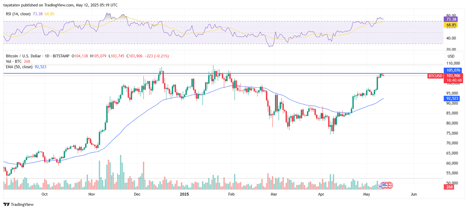 Bitcoin Price Tests $105,000 ResistanceSource: TradingView