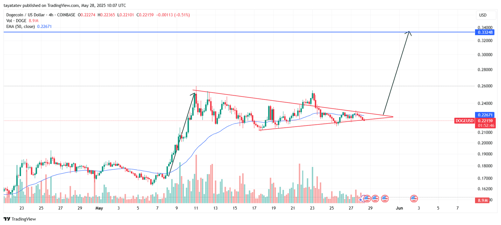 DOGE/USD 4-Hour Bullish Pennant PatternSource: TradingView.com