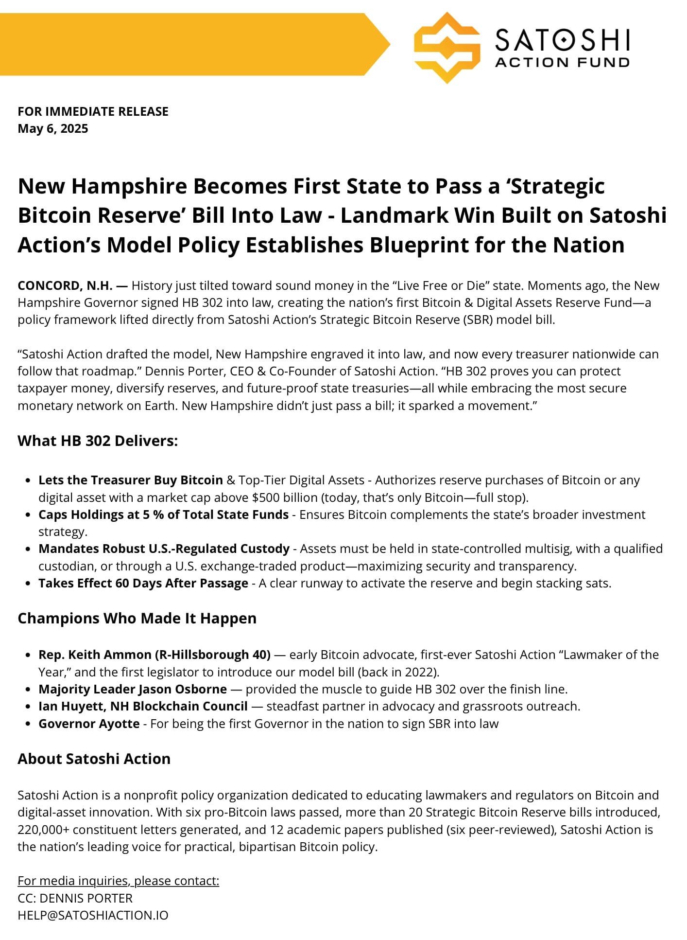 New Hampshire Strategic Bitcoin Reserve Bill HB 302 Signed. Source: Satoshi Action Fund