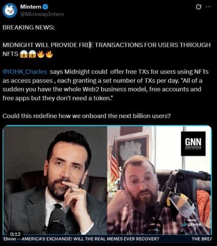 Charles Hoskinson Hints at Free NFT-Based Transactions. Source: @MinswapIntern on X