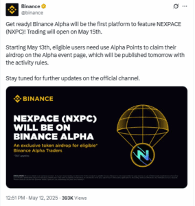 NEXPACE Token Set to Debut on Binance Alpha May 15.