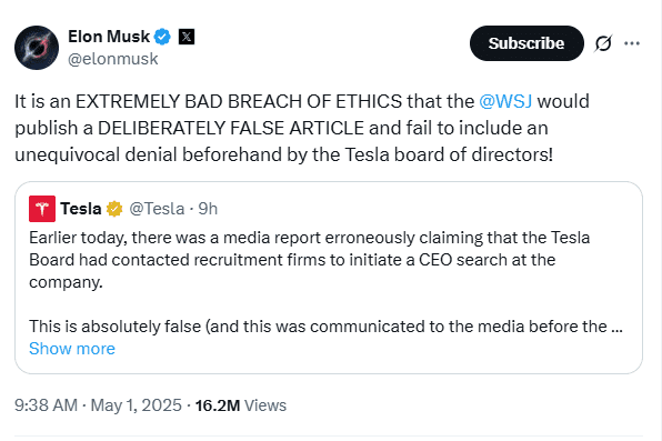 Elon Musk Denies WSJ Report on Tesla CEO Search. Source: X