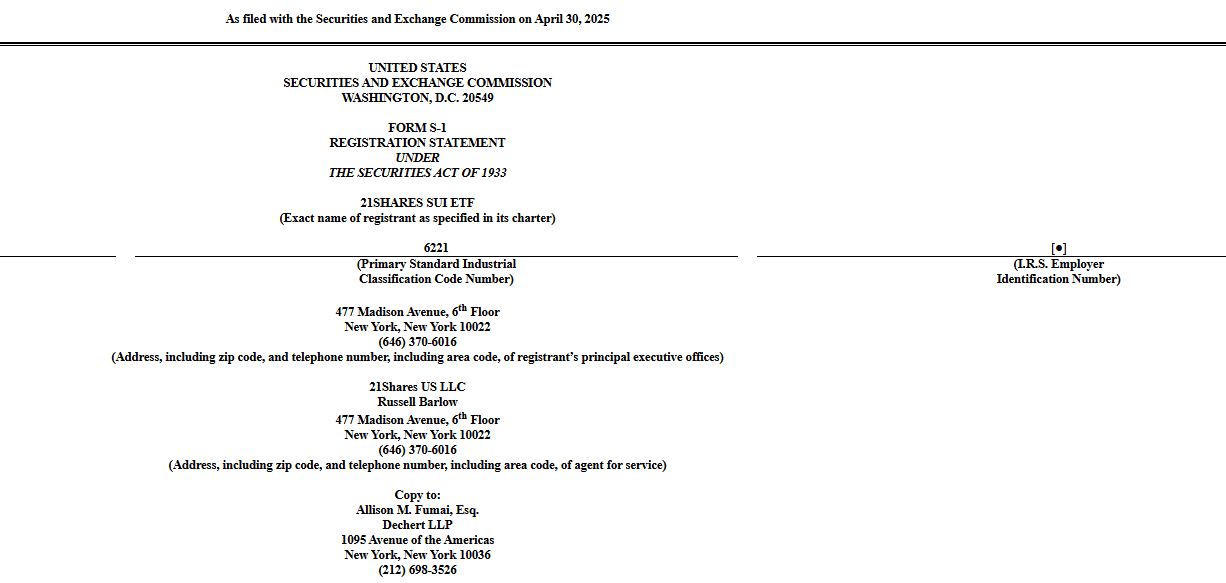 21Shares Sui ETF SEC Filing Form. Source: U.S. SEC