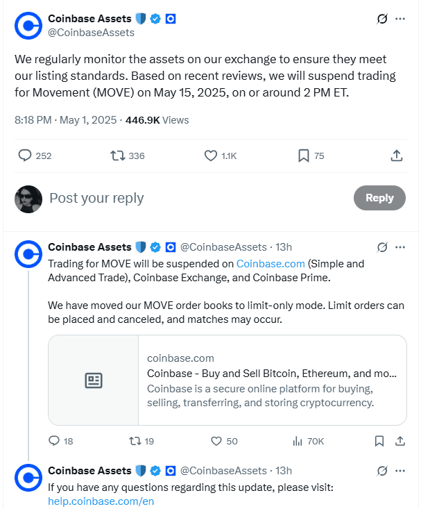  MOVE Token Trading Suspension Announcement.Source: Coinbase Assets on X.