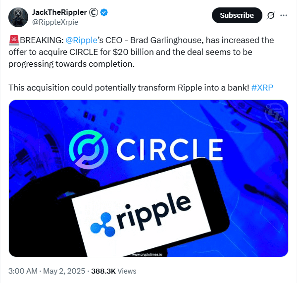 Ripple’s $20B Circle Offer Sparks Controversy. Source: RippleXrpIe on X