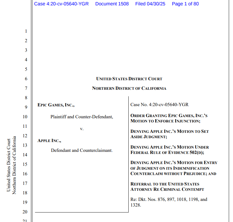 Apple vs Epic Court Order on Crypto Payments. Source: U.S. District Court, Northern District of California