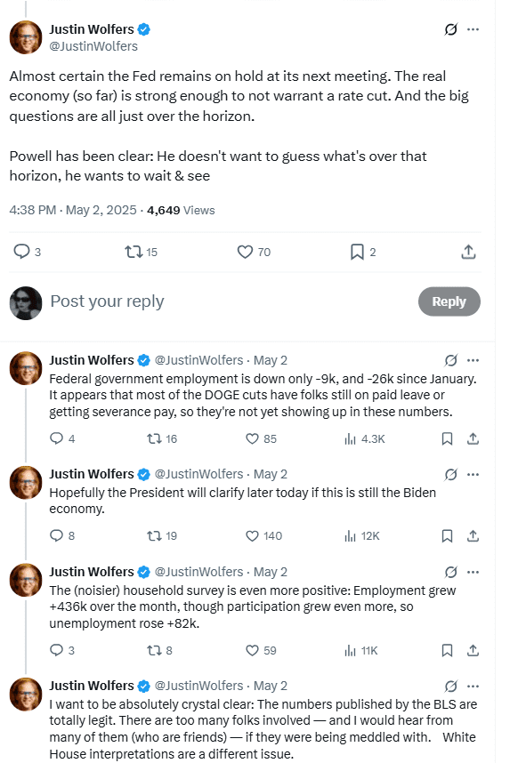 Justin Wolfers Analyzes Fed Rate Hold and April Jobs Data. Source: X/@JustinWolfers