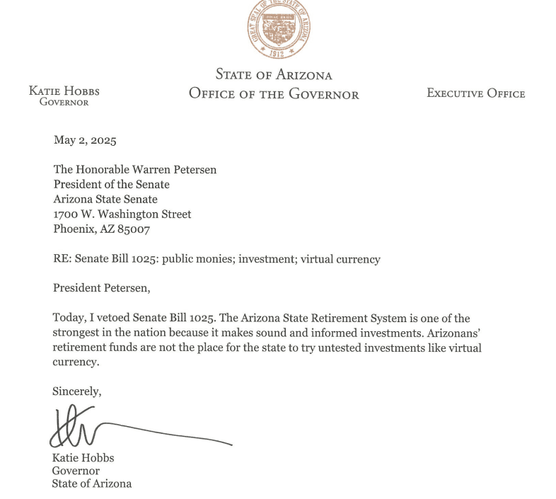Katie Hobbs Veto Letter on Arizona Bitcoin Bill. Source: Office of the Governor, State of Arizona