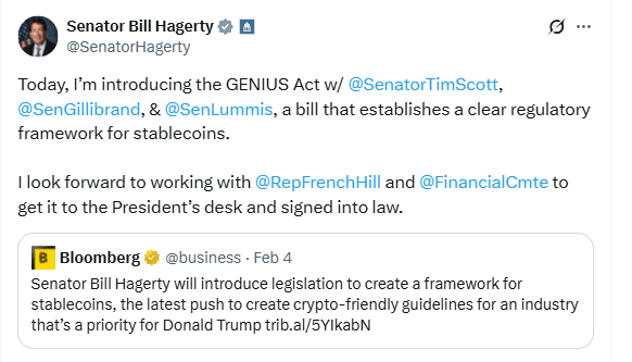 GENIUS Act Stablecoin Bill Announcement. Source: Senator Bill Hagerty on X