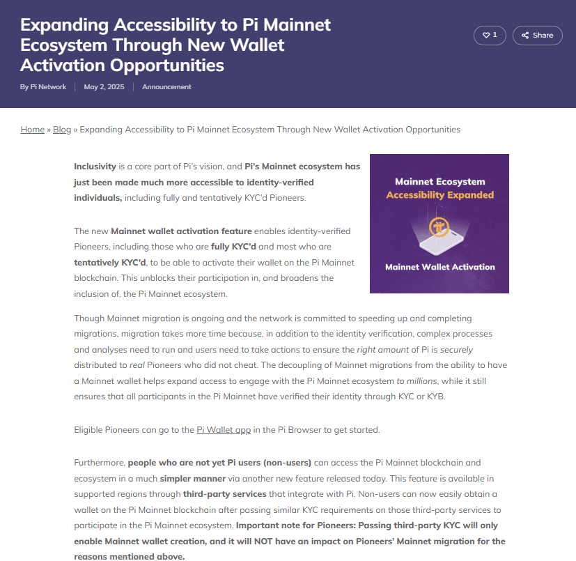 Pi Network Mainnet Wallet Activation Launch. Source: Pi Network Blog