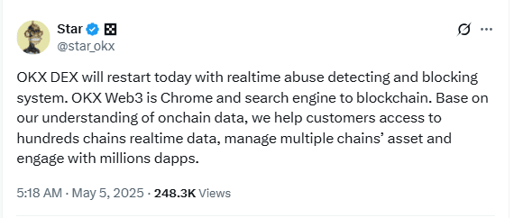 OKX Web3 Relaunch With Real-Time Abuse Detection. Source: Star Xu on X