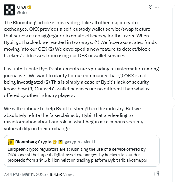 OKX Denies Bloomberg Claims Over Bybit Hack Link. Source: OKX on X