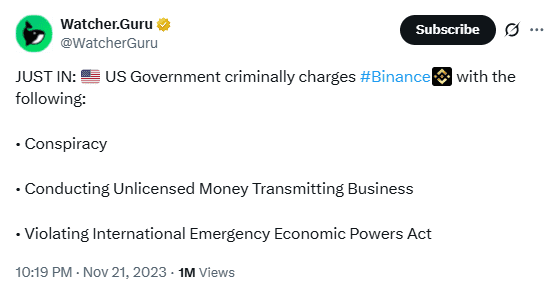 U.S. Criminal Charges Against Binance Announced. Source: Watcher.Guru on X