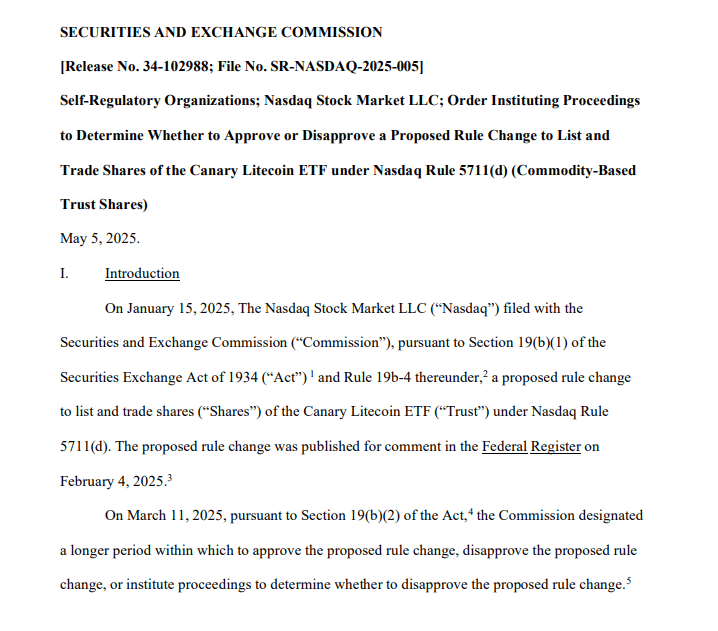 SEC Launches Proceedings on Canary Litecoin ETF Proposal. Source: U.S. Securities and Exchange Commission