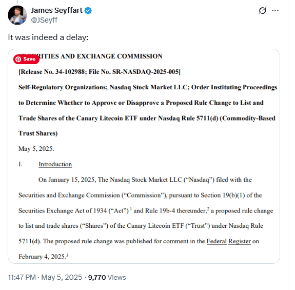 James Seyffart Confirms SEC Delay on Litecoin ETF. Source: X/@JSeyff