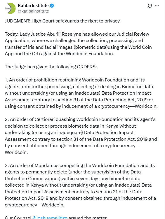 Kenya Court Orders Worldcoin Data Deletion. Source: Katiba Institute