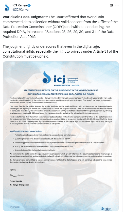 ICJ Kenya Statement on Worldcoin Court Ruling. Source: ICJ Kenya