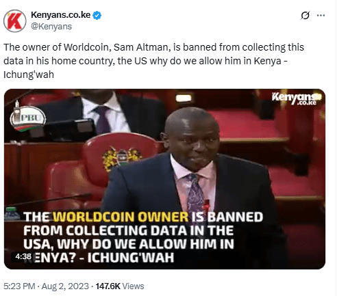 Kenyan MP Questions Worldcoin Data Collection. Source: Kenyans.co.ke
