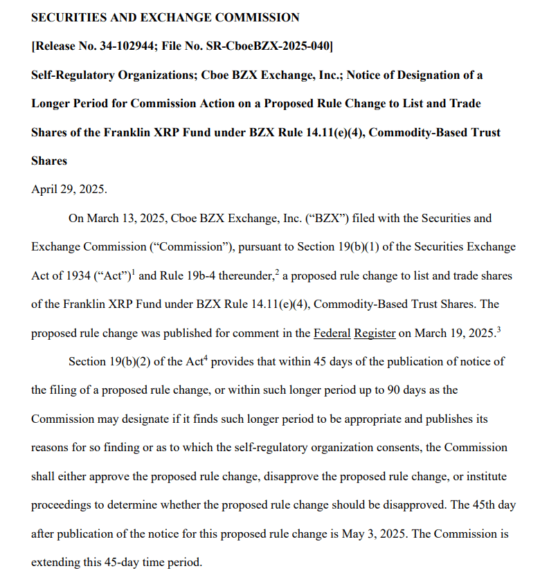 SEC Delays Franklin XRP ETF Decision Until June. Source: U.S. Securities and Exchange Commission