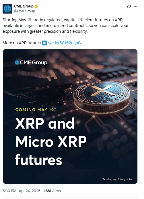 CME Group Launches XRP Futures on May 19. Source: CME Group on X