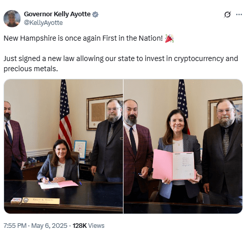  New Hampshire Bitcoin and Metals Investment Law Signed. Source: Governor Kelly Ayotte on X