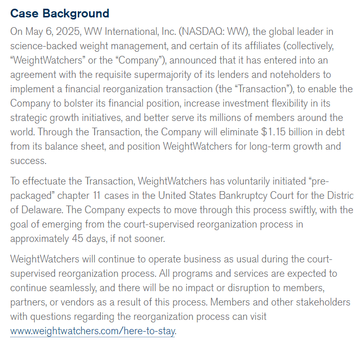 WeightWatchers Bankruptcy Case Background. Source: WeightWatchers Official Portal