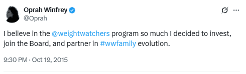 Oprah’s 2015 WeightWatchers Investment Tweet. Source: X (@Oprah)