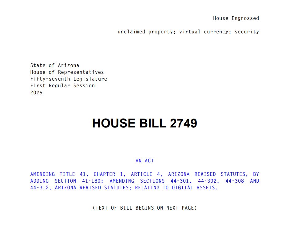 Arizona HB 2749 Digital Asset Law. Source: Arizona House of Representatives