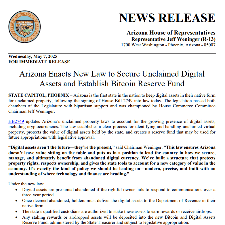 Arizona Crypto Law Press Release. Source: Arizona House of Representatives
