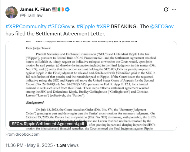 SEC Files Ripple Settlement Agreement in XRP Lawsuit. Source: James K. Filan on X