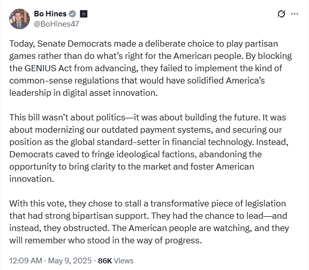 Bo Hines Slams Democrats Over GENIUS Act Block. Source: X (@BoHines47)