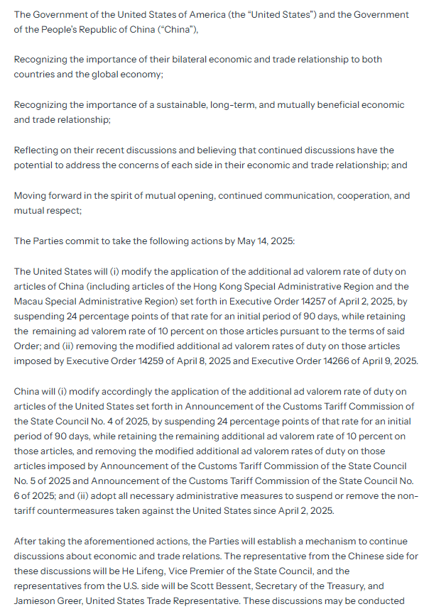 U.S.–China Geneva Tariff Agreement Document. Source: The White House