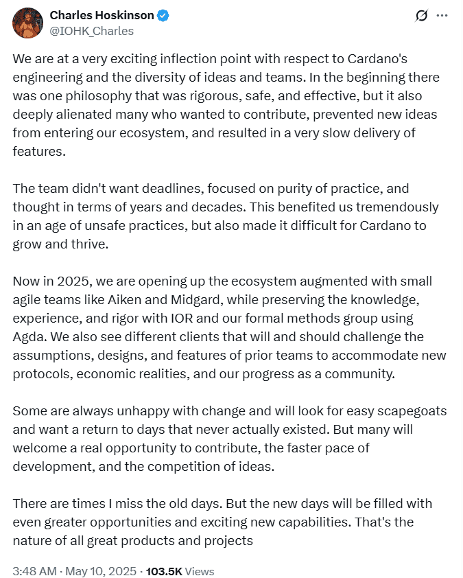 Charles Hoskinson Confirms Cardano's Agile Shift in 2025. Source: X/@IOHK_Charles