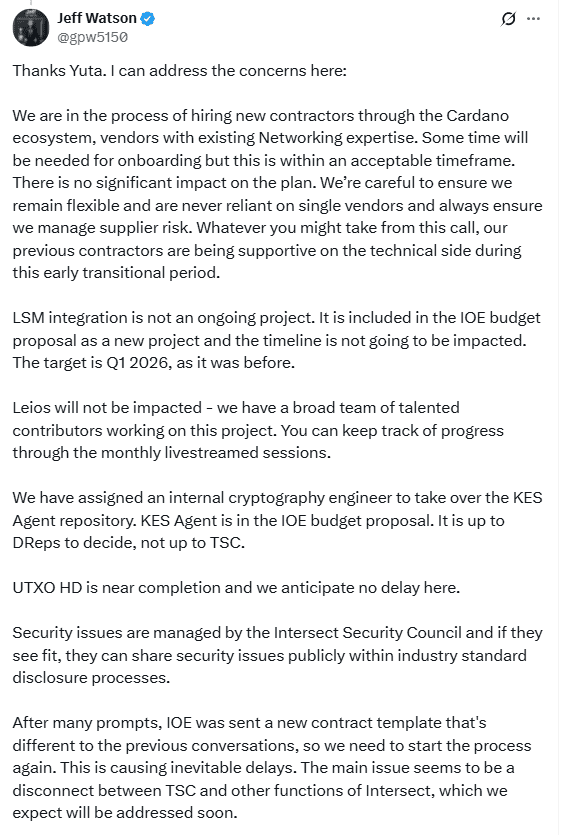 Jeff Watson Details Cardano Contractor Plans and Leios Progress. Source: X/@gpw5150