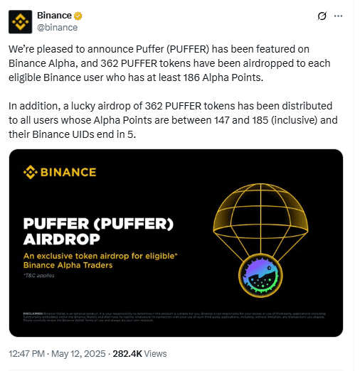 Binance Confirms PUFFER Alpha Airdrop Eligibility. Source: Binance