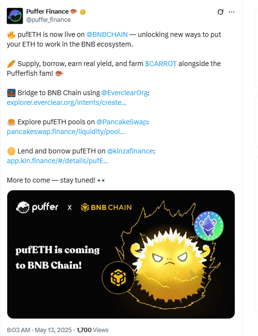 PufETH Launches on BNB Chain via Puffer Finance. Source: Puffer Finance