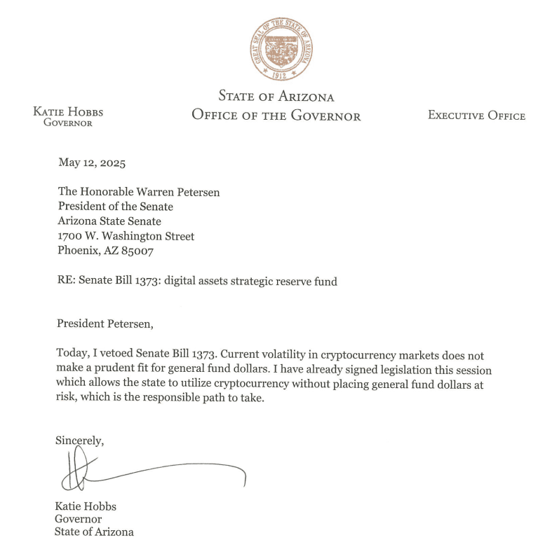 Arizona Governor Vetoes Bitcoin Reserve Bill. Source: Office of the Governor, State of Arizona