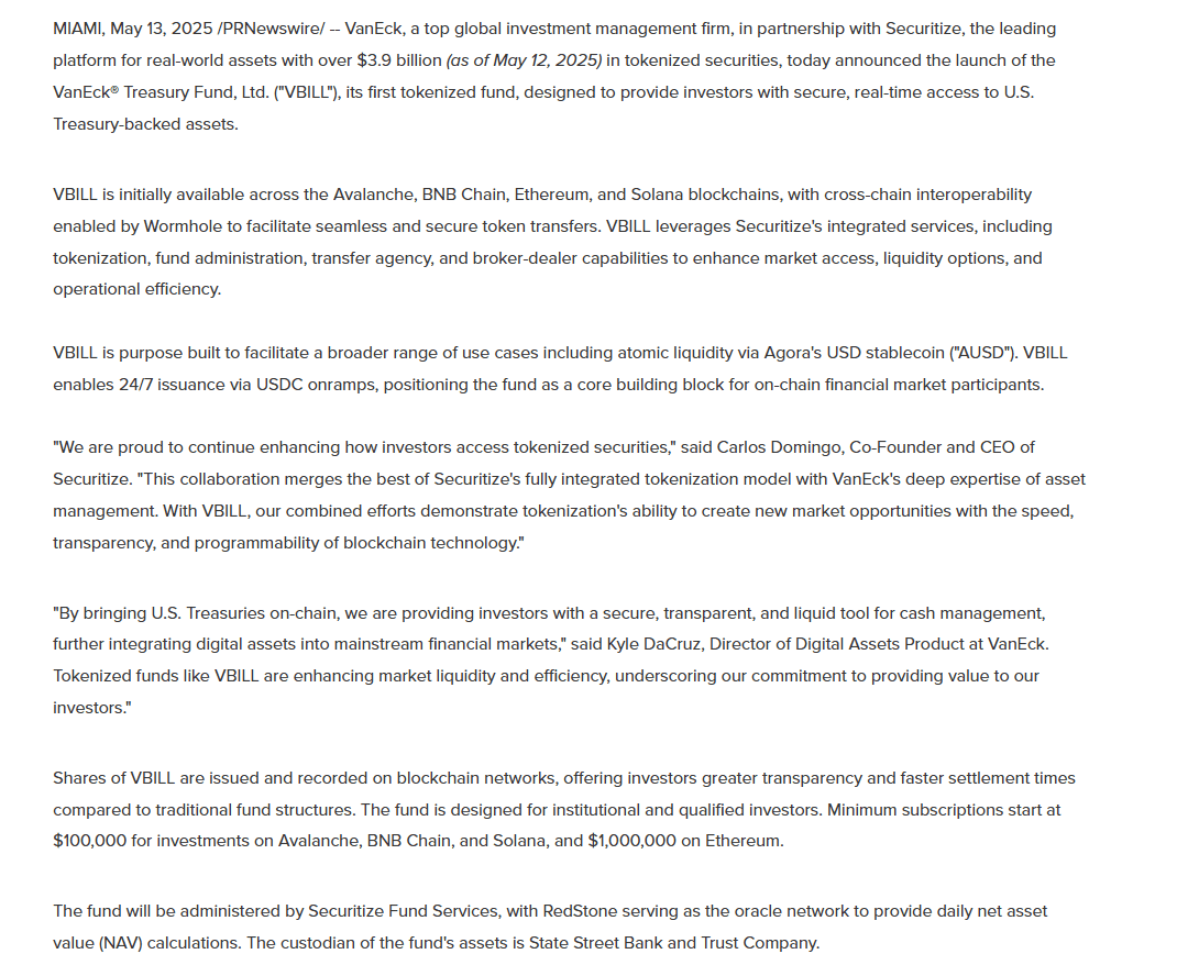 VanEck VBILL Token Fund Launch Statement. Source: PR Newswire