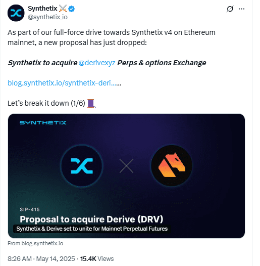 Synthetix Derive SIP415 Merger. Source: Synthetix on X
