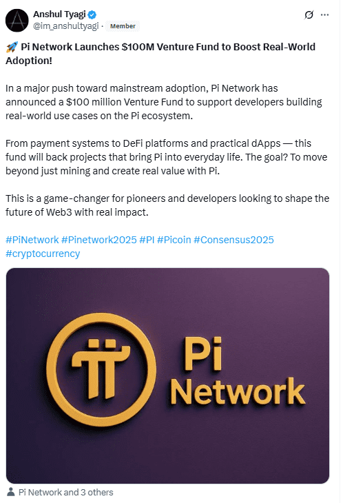 Pi Network $100M Venture Fund Launch. Source: Anshul Tyagi