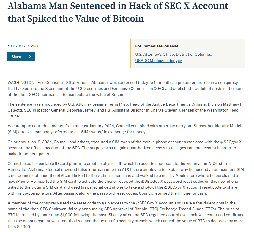 SEC Hacker Eric Council Sentenced for BTC ETF Fake Post. Source: U.S. Attorney’s Office, District of Columbia